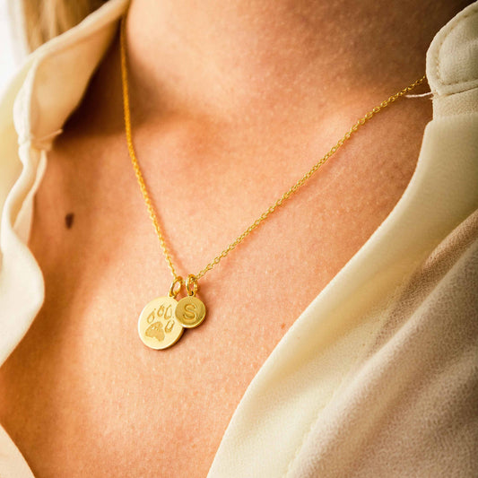 Custom Paw Print Necklace with Gold Disc Initial